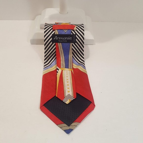 Silk Necktie w/European Art Deco Styling w/Red Blue Silver & White Colors NWOT - Picture 4 of 5